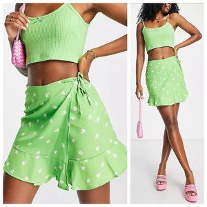ASOS Noisy May Satin Green & Pink Floral Wrap Ruffle Frill High Waist Skirt